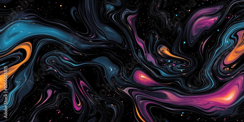 A cosmic-themed abstract background featuring deep blacks and swirling colors like magenta and blue, creating a starry effect photo