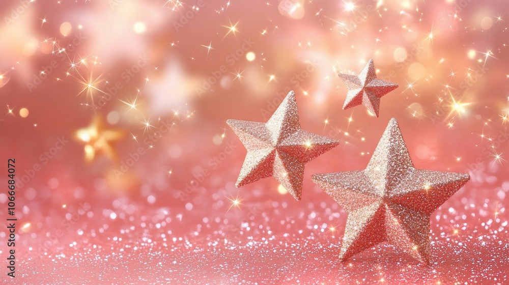 Three gold glitter stars on a pink sparkling background with bokeh lights. Three gold glitter stars on a pink sparkling background with bokeh lights.