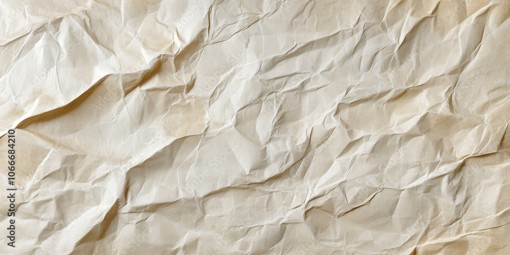 Obraz premium Crumpled paper texture in neutral beige tones, showing creases and folds for an organic, vintage effect