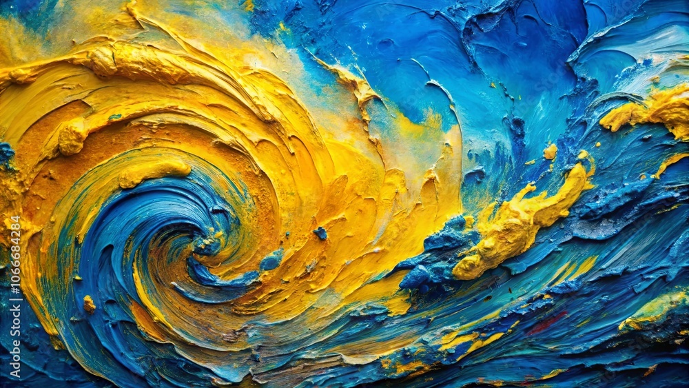A swirling vortex of vibrant yellow and deep blue hues, creating an abstract landscape of textured brushstrokes and contrasting colors. A swirling vortex of vibrant yellow and deep blue hues, creating an abstract landscape of textured brushstrokes and contrasting colors.