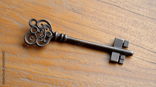 Antique ornate key with intricate design on wooden surface, symbolizing mystery and history