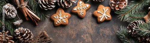 Festive Christmas Decor with Cinnamon Sticks, Pine Cones, and Star-Shaped Cookies