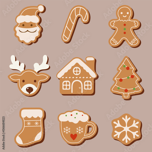Christmas gingerbread cookies of different shapes and sizes. Gingerbread houses, Christmas trees, people, snowflakes and stars, deer and snowmen