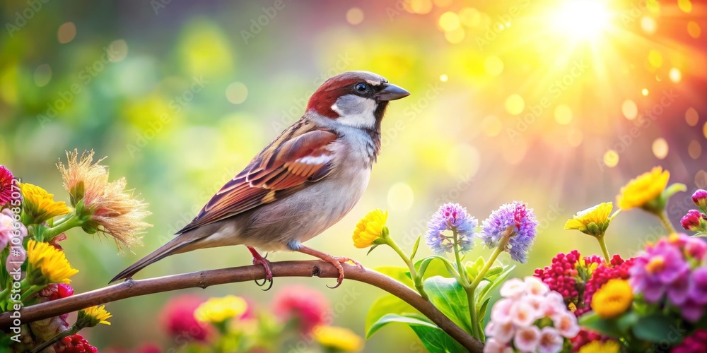 Captivating Sparrow in Summer Bliss: A Bokeh Wonderland of Nature's Beauty and Delicate Feathers Amidst Vibrant Blossoms and Soft Sunlight in a Serene Setting Captivating Sparrow in Summer Bliss: A Bokeh Wonderland of Nature's Beauty and Delicate Feathers Amidst Vibrant Blossoms and Soft Sunlight in a Serene Setting