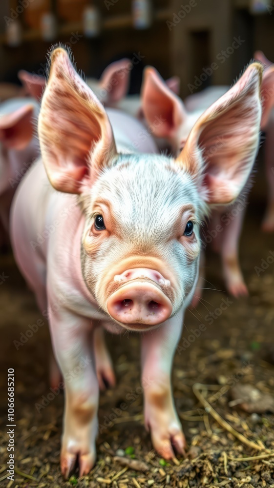 A small piglet looks directly at the camera, standing on dirt in a barn A small piglet looks directly at the camera, standing on dirt in a barn
