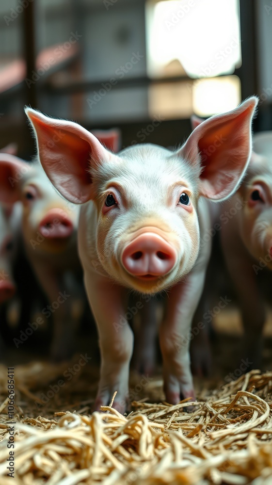 A piglet stands on straw in a barn, looking directly at the camera A piglet stands on straw in a barn, looking directly at the camera