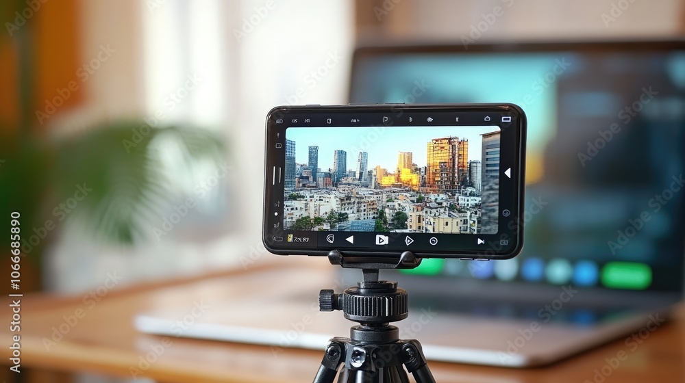 A smartphone with a cityscape displayed on the screen is mounted on a tripod in front of a laptop. A smartphone with a cityscape displayed on the screen is mounted on a tripod in front of a laptop.