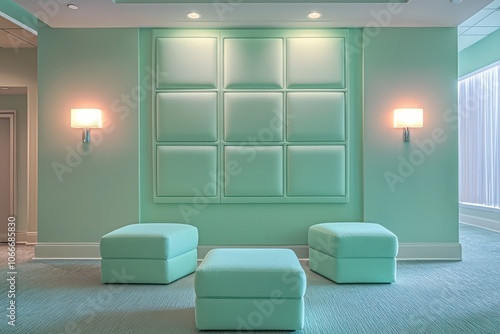 Mint-themed living room with square wall panels, matching carpet, and green lighting.