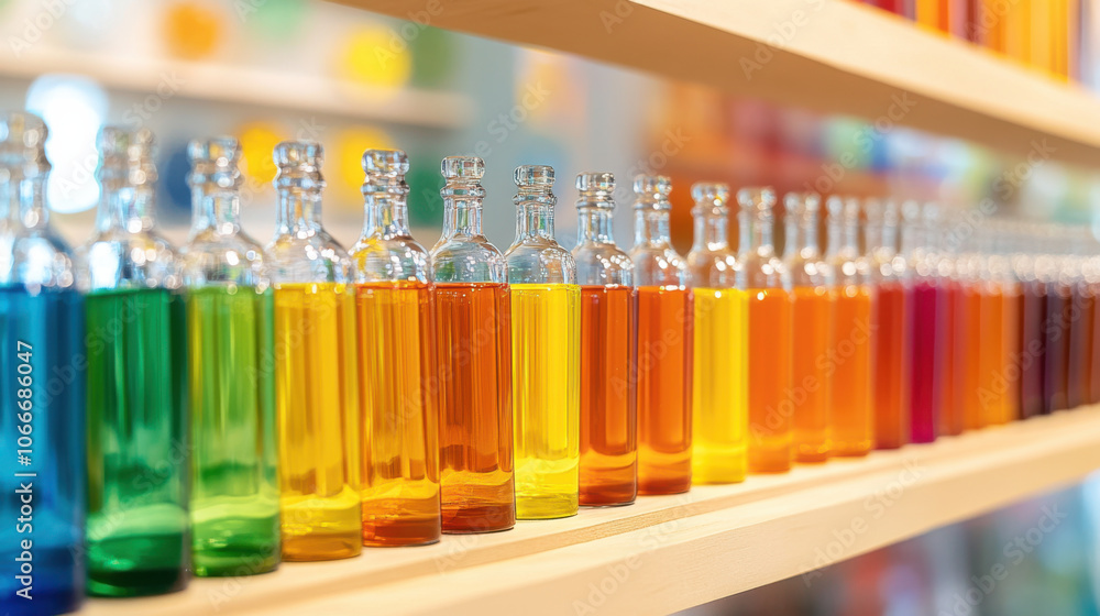 Vibrant display of colorful glass bottles filled with liquid on shelf, showcasing spectrum of hues from blue to orange, creating artistic and lively atmosphere Vibrant display of colorful glass bottles filled with liquid on shelf, showcasing spectrum of hues from blue to orange, creating artistic and lively atmosphere