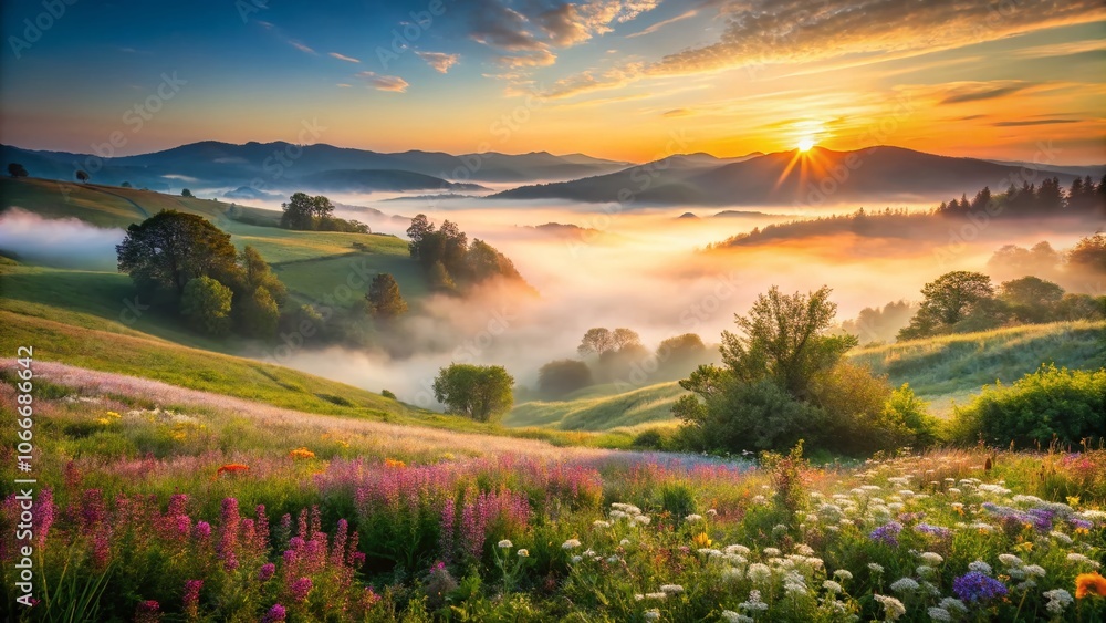 Obraz premium Misty Morning Landscape: Serene Fog Over Rolling Hills at Dawn, Tranquil Nature Scene, Atmospheric Light, Soft Colors, Peaceful Environment, Idyllic Wilderness, Captivating Nature Photography