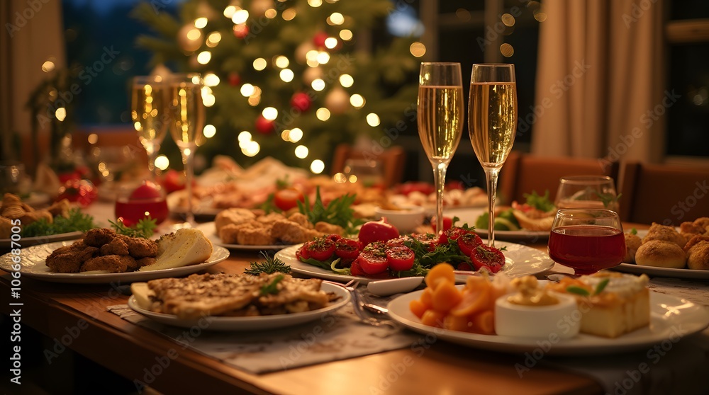 The New Year's table with meat and fish dishes is set in honor of Christmas against the backdrop of a New Year's tree in garlands. Glasses of champagne on the table among the dishes. The New Year's table with meat and fish dishes is set in honor of Christmas against the backdrop of a New Year's tree in garlands. Glasses of champagne on the table among the dishes.