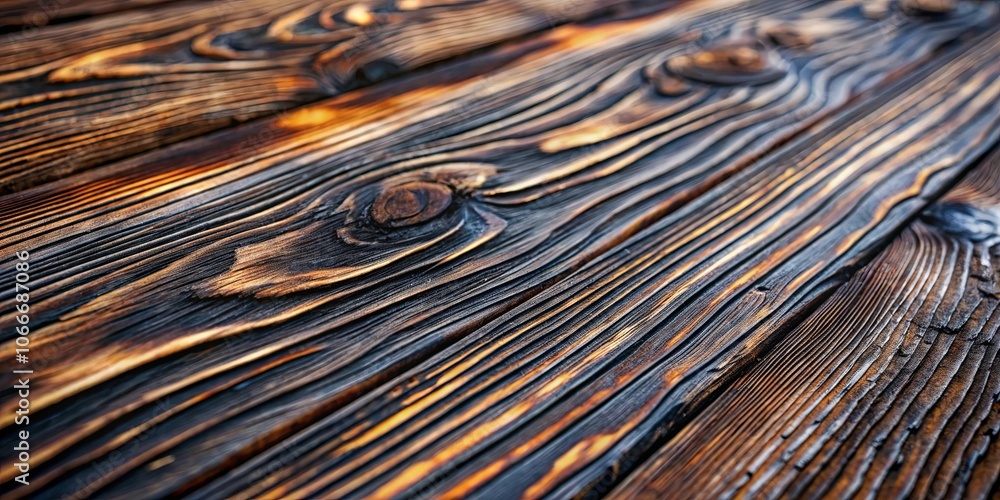 Fototapeta premium A close-up view of rustic wooden planks with a burnt surface, revealing intricate grain patterns and textures, highlighting the raw beauty of fire-kissed wood.