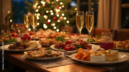 The New Year's table with meat and fish dishes is set in honor of Christmas against the backdrop of a New Year's tree in garlands. Glasses of champagne on the table among the dishes.