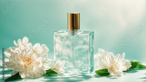 A clear glass perfume bottle surrounded by white flowers on a soft blue background in natural light