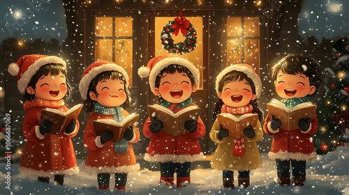 five children joyfully singing Christmas carols in the snow outside a cozy, inviting house