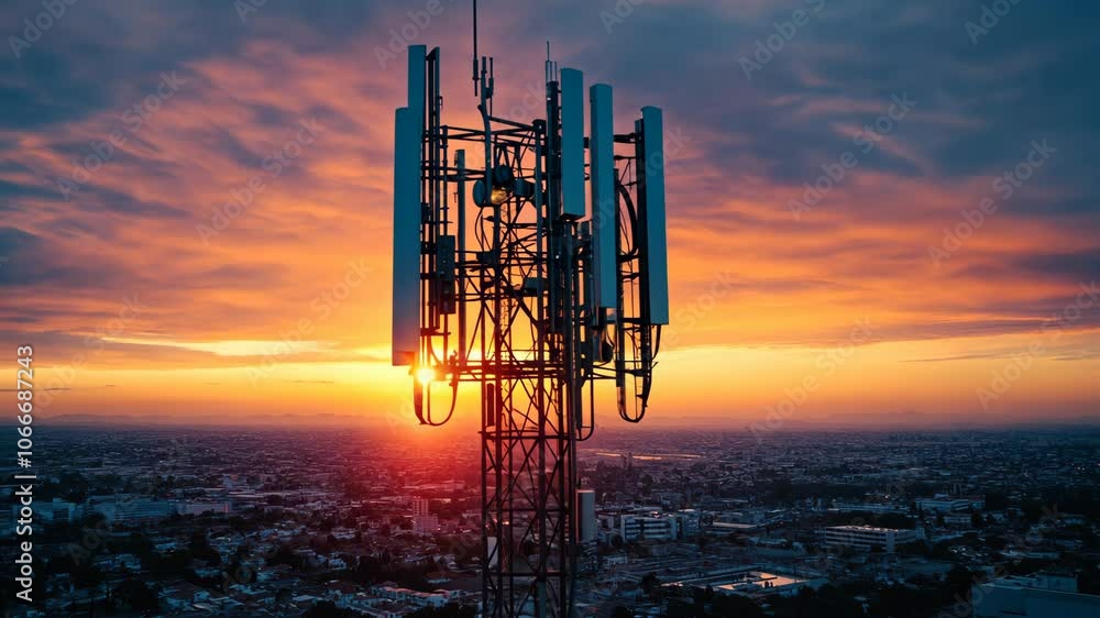 A tall cell tower stands against a vibrant sunset, overlooking a cityscape