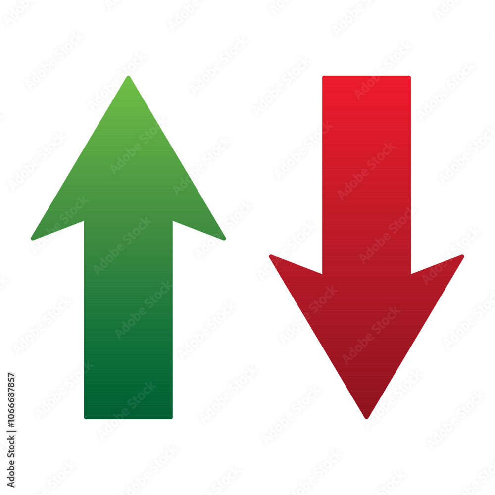 Up and Down sign with green and red arrows vector illustration. Concept of sales bar chart symbol icon with arrow moving down and sales bar chart with arrow moving up. Up and Down sign with green and red arrows vector illustration. Concept of sales bar chart symbol icon with arrow moving down and sales bar chart with arrow moving up.