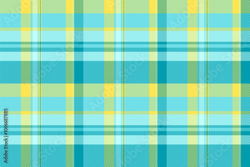 Top tartan texture vector, tidy fabric background pattern. Design seamless plaid check textile in cyan and yellow colors.