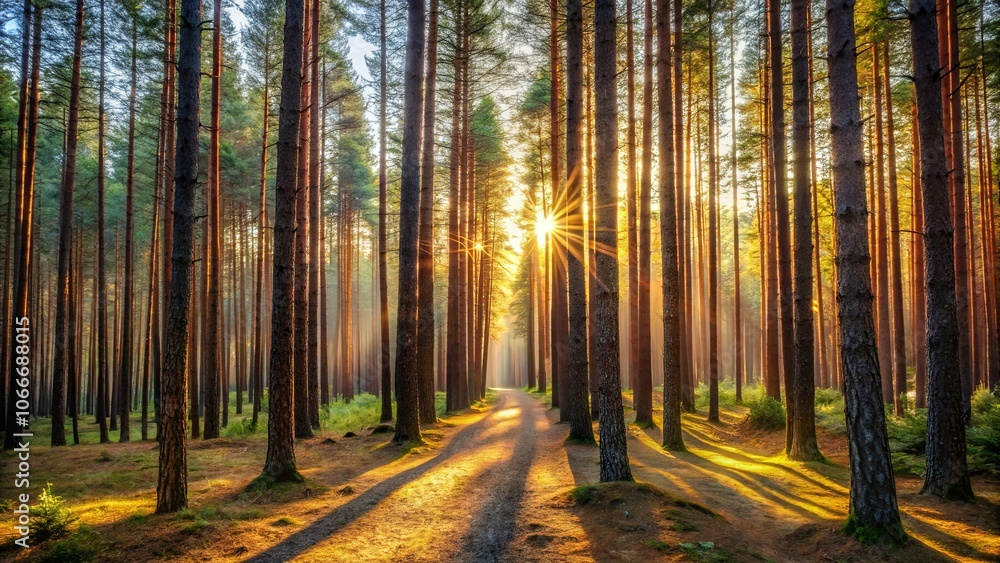 Golden Rays Illuminate a Path Through a Majestic Forest of Tall Pines, Creating a Serene and Enchanting Atmosphere Golden Rays Illuminate a Path Through a Majestic Forest of Tall Pines, Creating a Serene and Enchanting Atmosphere