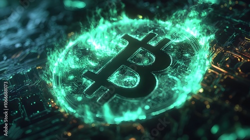 Bitcoin ablaze! Glowing green flames engulf the cryptocurrency symbol, set against a dark circuit board background. A fiery digital spectacle!