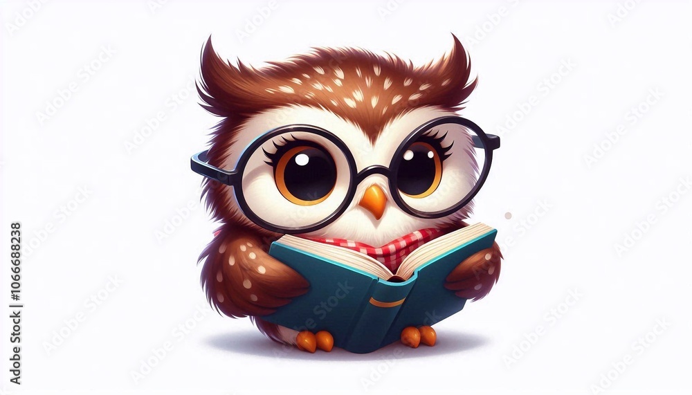Fototapeta premium Adorable owl reading - funny wise bird in glasses holding a book on a white background