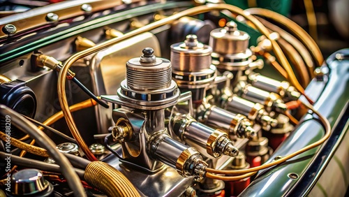 Close-Up of Vintage Racing Engine with Focus on Distributor Cap and Ignition Cables of a Four-Cylinder Engine in a Classic Car Restoration Setting