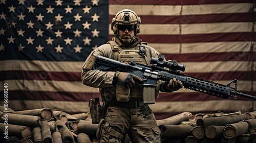 Soldier posing with rifle in front of an American flag backdrop during a military training session photo