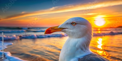 Close-Up Portrait of a Seagull on the Beach at Sunset with Soft Waves and Copy Space for Text, Ideal for Nature Lovers and Coastal Themes in Candid Photography photo