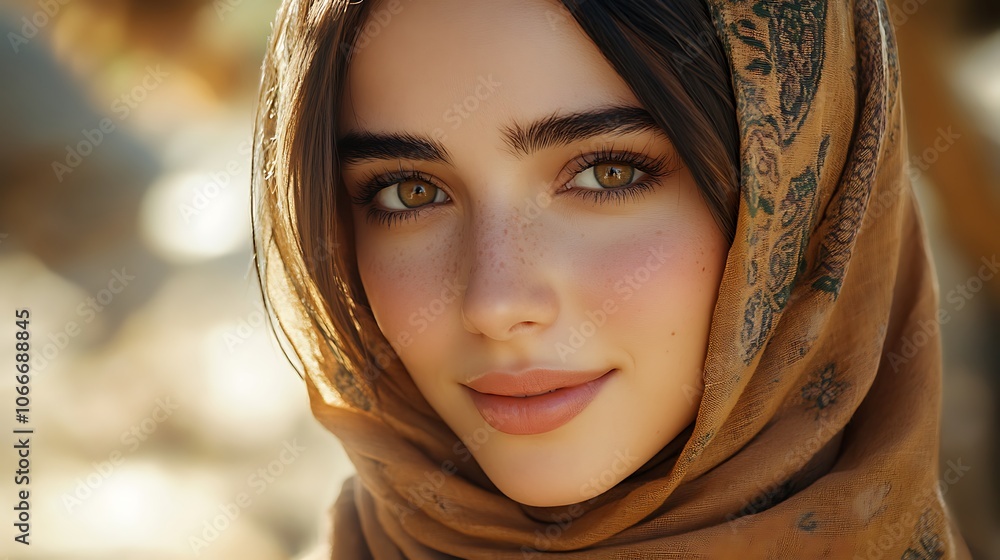 A warm close-up of a woman in a hijab, face gently bathed in natural light, eyes soulful and smile serene. Background softly blurred with earthy colors, hd quality, cultural pride, soft focus, A warm close-up of a woman in a hijab, face gently bathed in natural light, eyes soulful and smile serene. Background softly blurred with earthy colors, hd quality, cultural pride, soft focus,