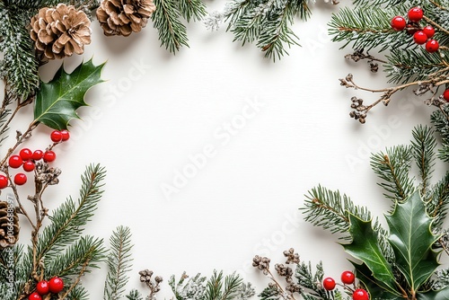 Festive blank page adorned with evergreen branches and red berries capturing the essence of Christmas cheer and holiday decoration photo