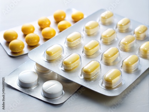 Closeup of Two Blister Packs with Round White Tablets and Yellow Capsules Isolated on White Background for Pharmaceutical and Health-Related Stock Photography