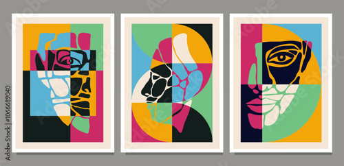 Set of minimalist contemporary collage portrait of human beauty surreal face