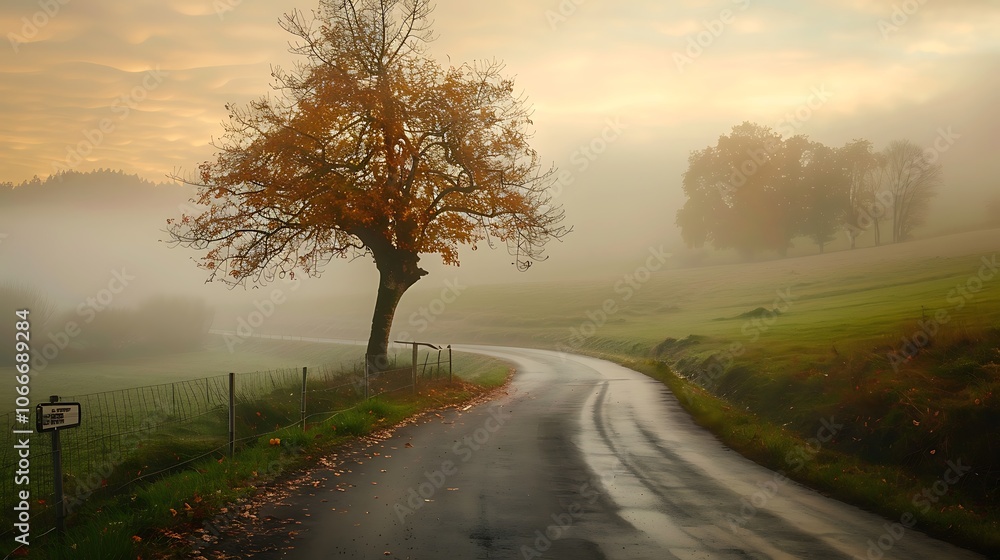 Autumn landscape with lonely tree on the road in foggy morning Autumn landscape with lonely tree on the road in foggy morning