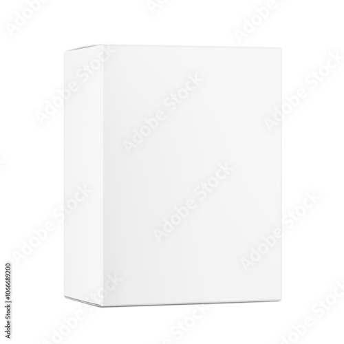 Realistic white closed paperboard box mockup. Vector illustration isolated on white background. Taking your 2D designs into 3D. Can be use for medicine, food, cosmetic and other. EPS10.