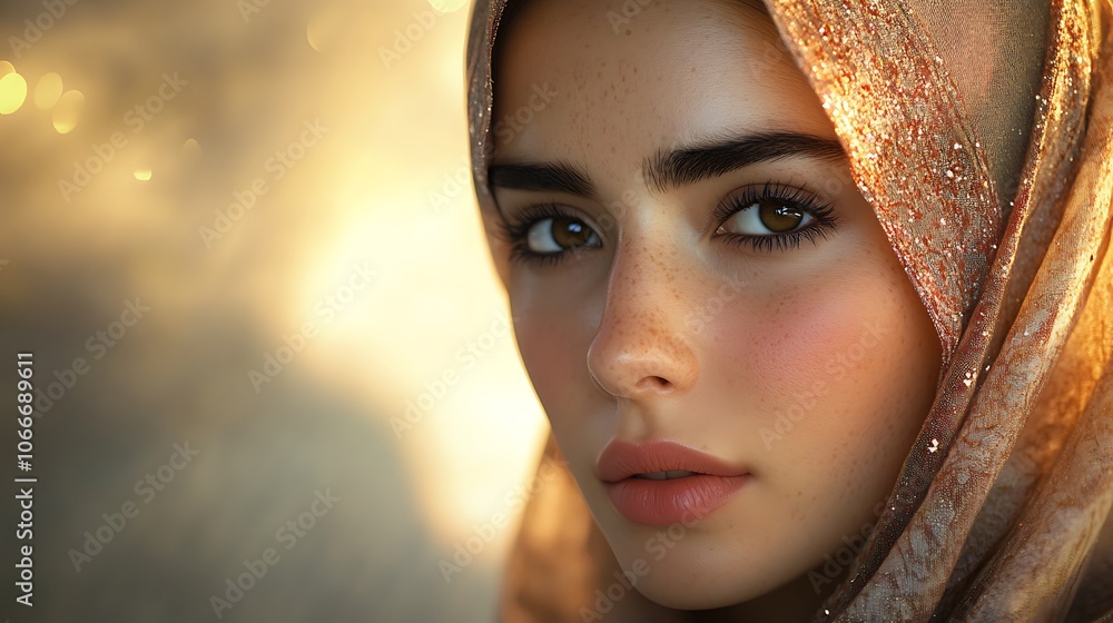 A woman in a hijab, face softly illuminated and showing a serene expression, eyes warm and soulful. Background subtly featuring blurred elements with earthy undertones, hd detail, photorealistic, A woman in a hijab, face softly illuminated and showing a serene expression, eyes warm and soulful. Background subtly featuring blurred elements with earthy undertones, hd detail, photorealistic,