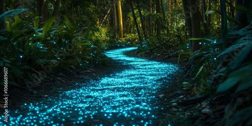 A mystical forest path illuminated by bioluminescent plants, where time seems to stand still in a magical realm photo