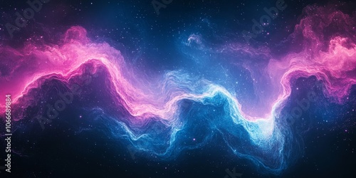 Grainy abstract background, dark noisy poster black backdrop pink blue glowing color wave banner design, copy space, Generative AI