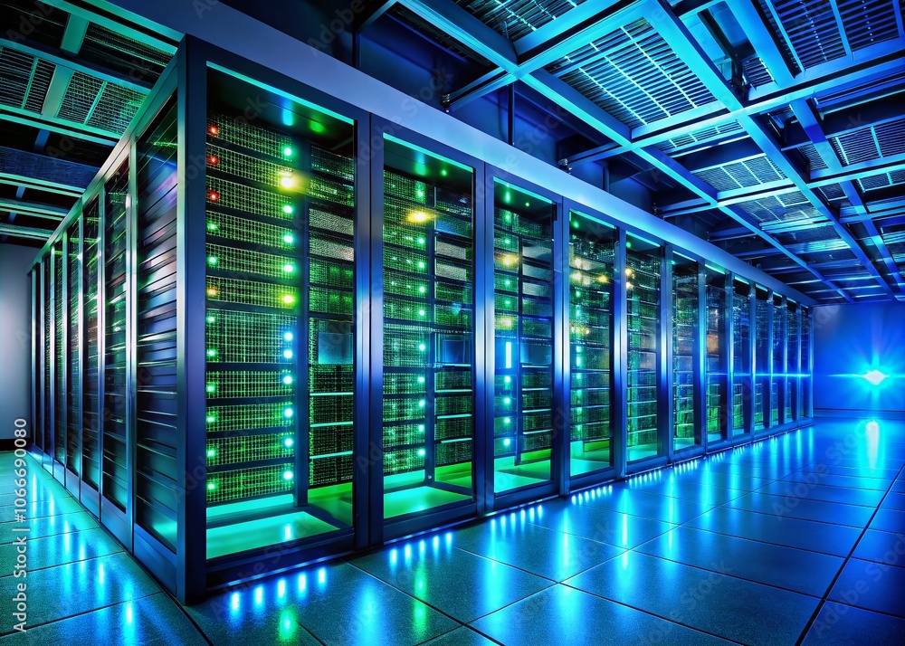 Modern Server Room Interior at Night - High-Tech Data Center with Illuminated Server Racks in Blue and Green Lights, Focus on Efficient Data Storage and Advanced Technology Modern Server Room Interior at Night - High-Tech Data Center with Illuminated Server Racks in Blue and Green Lights, Focus on Efficient Data Storage and Advanced Technology