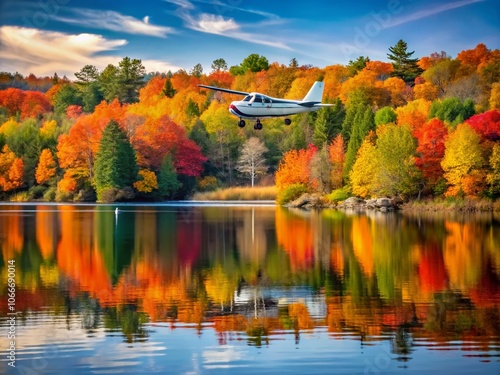 Small plane soars over Fall Lake, Killbear Park, Ontario, 2024. photo