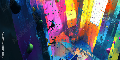 A vibrant indoor rock climbing gym with climbers tackling colorful walls, showcasing strength and adventure