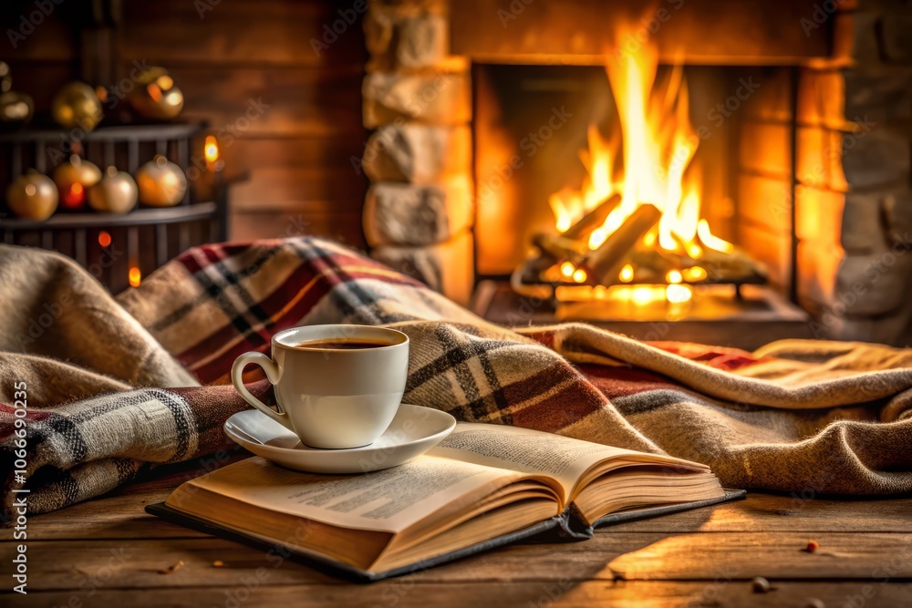 Cozy Atmosphere with a Cup of Coffee and a Book on a Plaid Blanket Near a Fireplace, Perfect for Candid Photography in a Warm Indoor Setting Cozy Atmosphere with a Cup of Coffee and a Book on a Plaid Blanket Near a Fireplace, Perfect for Candid Photography in a Warm Indoor Setting