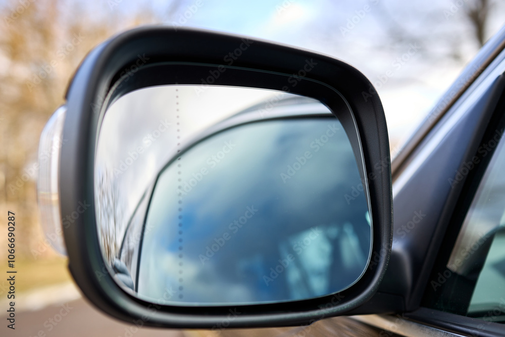 SUV Modern Car large Side wide angle mirror vehicle detailing selective focus shot. SUV Modern Car large Side wide angle mirror vehicle detailing selective focus shot.