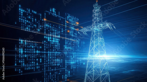High voltage tower with digital elements and blue background, symbolizing energy and technology. image conveys sense of innovation and power in electrical industry