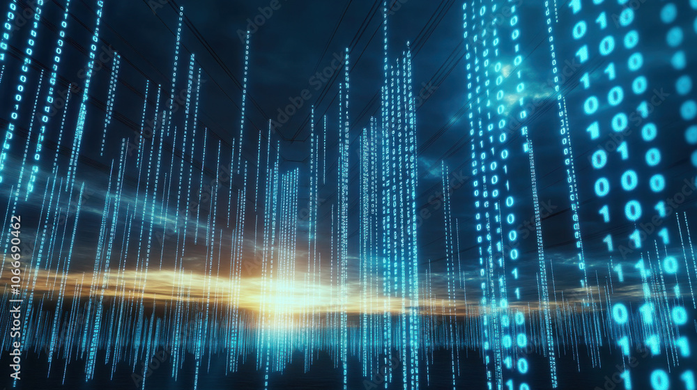 Digital binary code streams against sunset sky, symbolizing technology and data. vibrant blue numbers create futuristic atmosphere, reflecting innovation and connectivity Digital binary code streams against sunset sky, symbolizing technology and data. vibrant blue numbers create futuristic atmosphere, reflecting innovation and connectivity