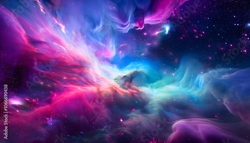 A dreamy psychedelic background filled with neon-colored clouds that fade into a deep space