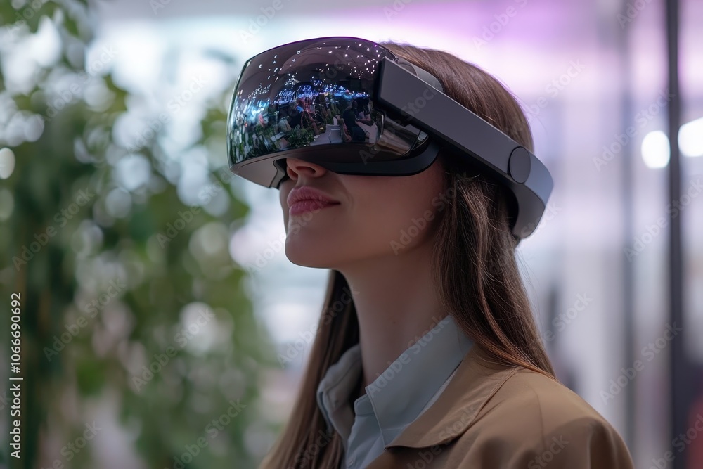 Business Professional Using Augmented Reality Headset to Visualize Plant Data in a Modern Office with Greenery Business Professional Using Augmented Reality Headset to Visualize Plant Data in a Modern Office with Greenery