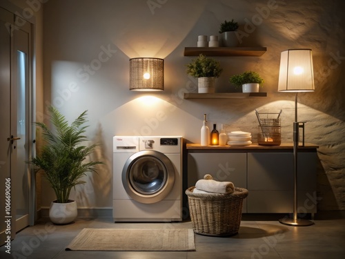 Cozy Bathroom Scene with Laundry Basket Next to Washing Machine in Low Light, Showcasing Neatness and Home Comfort for a Relaxing Atmosphere