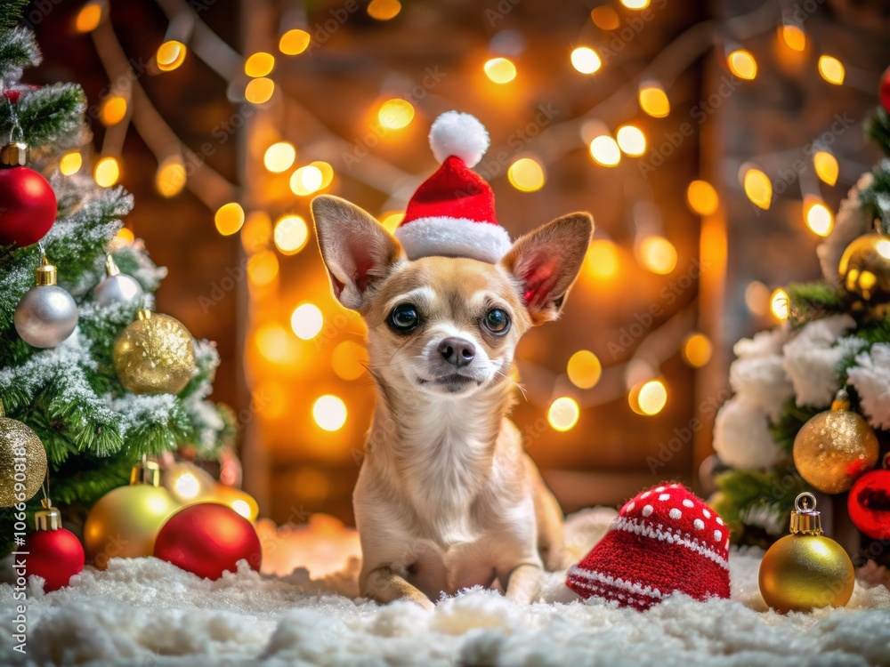 Cozy Christmas Photo Session Featuring a Chihuahua Dog Surrounded by Festive Decorations, Warm Lights, and Holiday Cheer in a Charming Winter Wonderland Setting Cozy Christmas Photo Session Featuring a Chihuahua Dog Surrounded by Festive Decorations, Warm Lights, and Holiday Cheer in a Charming Winter Wonderland Setting