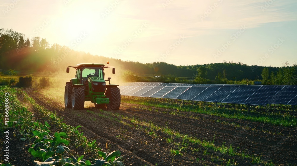 Obraz premium Tractor and Solar Farm