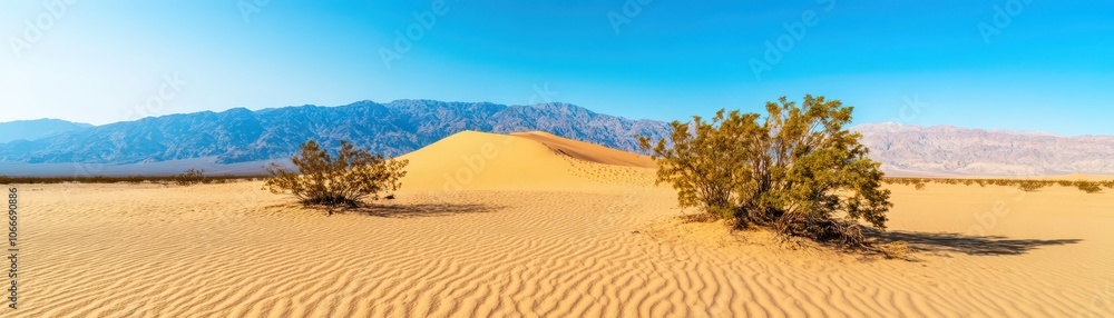 Scenic desert landscape with towering dunes under a vibrant sunset sky, showcasing nature's breathtaking beauty. Scenic desert landscape with towering dunes under a vibrant sunset sky, showcasing nature's breathtaking beauty.